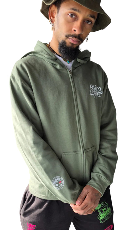 Double Drop Graff Front & Back Print Zip Hoody Green