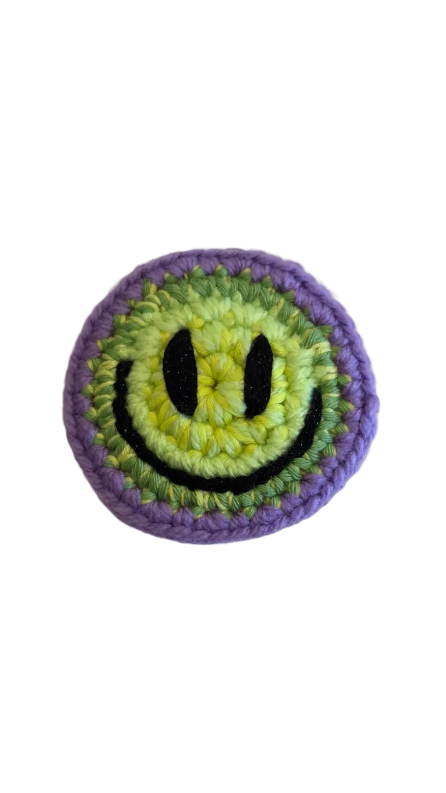 Hand-crochet acid house face badge rainbow burst multicolour 90s rave pin Free Range Smilies Qravers London
