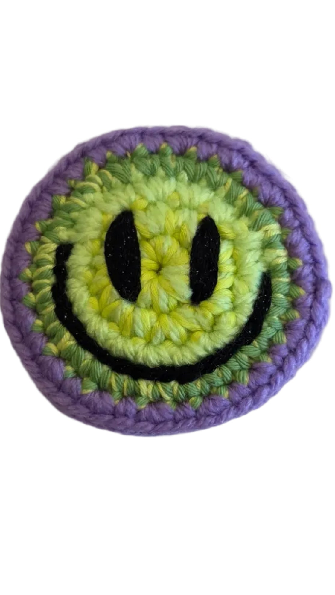 Hand-crochet acid house face badge rainbow burst multicolour 90s rave pin Free Range Smilies Qravers London