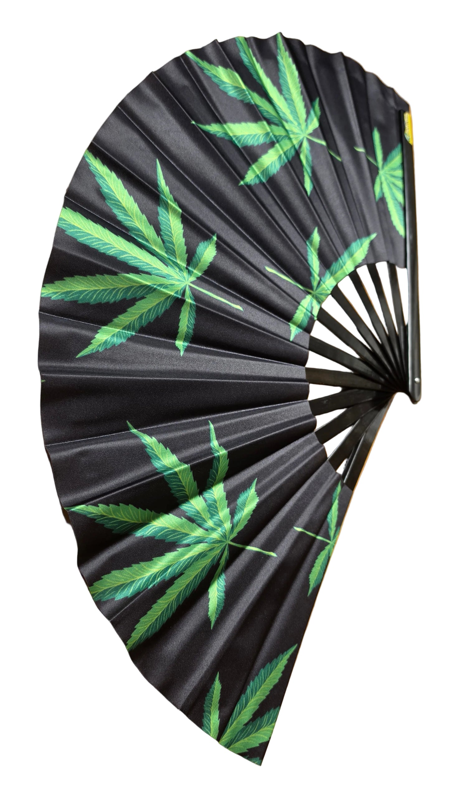 Giant bamboo clack fan green leaf rave design festival accessory designed in London by Qravers