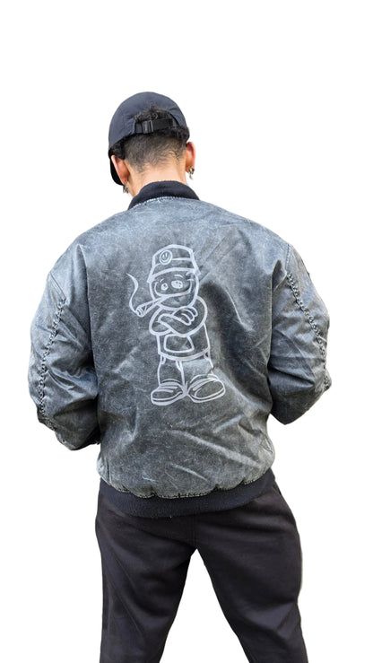 Qravers Man MA-1 Bomber Jacket Black Stone Wash back print 90s rave clothing London Qravers