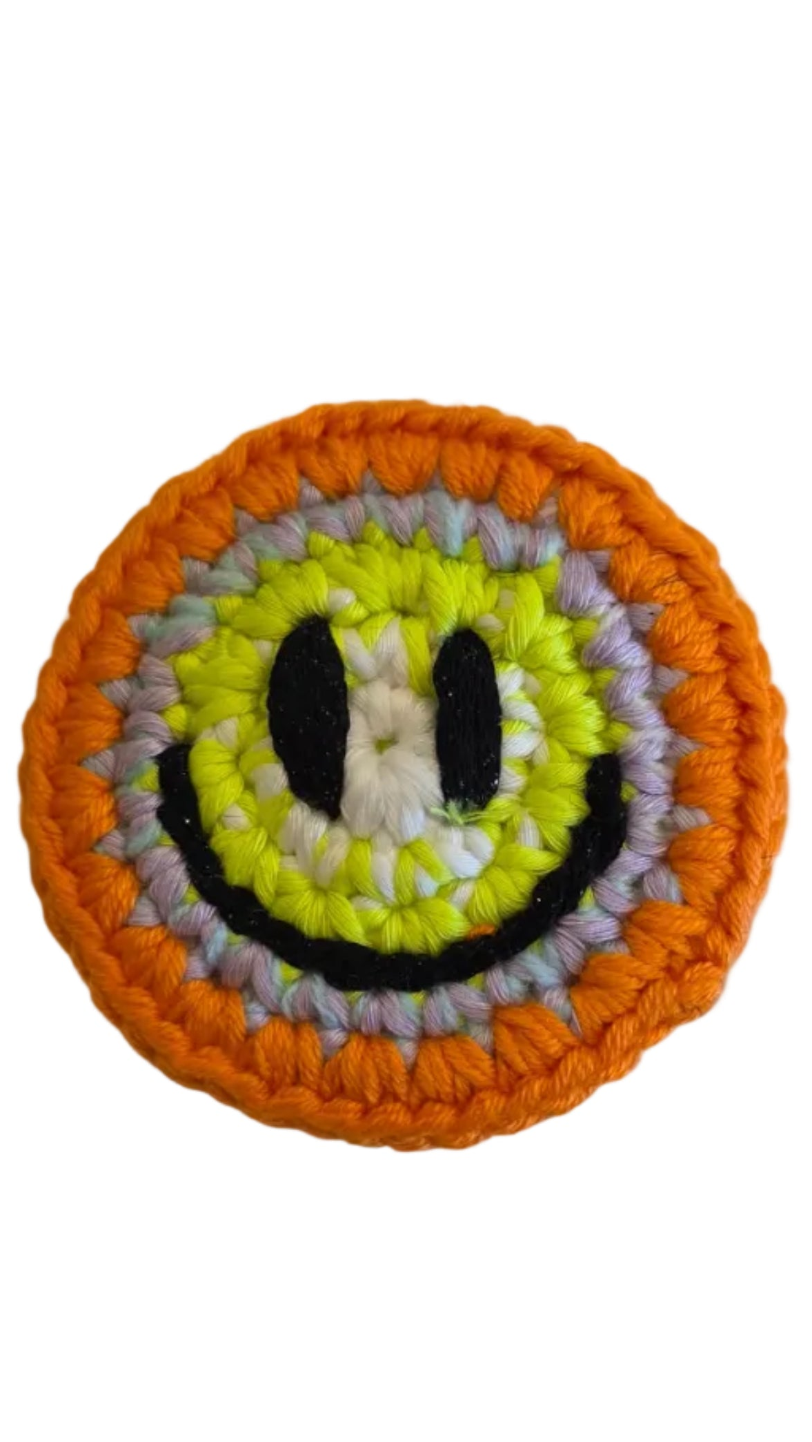 Hand-crochet acid house face badge sunset acid orange yellow gradient 90s rave pin Free Range Smilies Qravers London