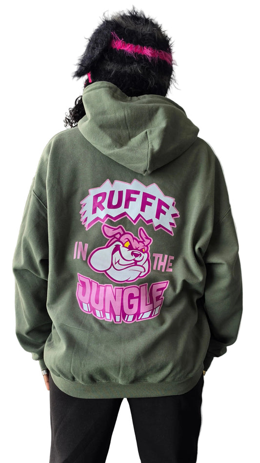 Rufff In The Jungle Front & Back Print Hoody Green 90s Jungle Rave Clothing Qravers London