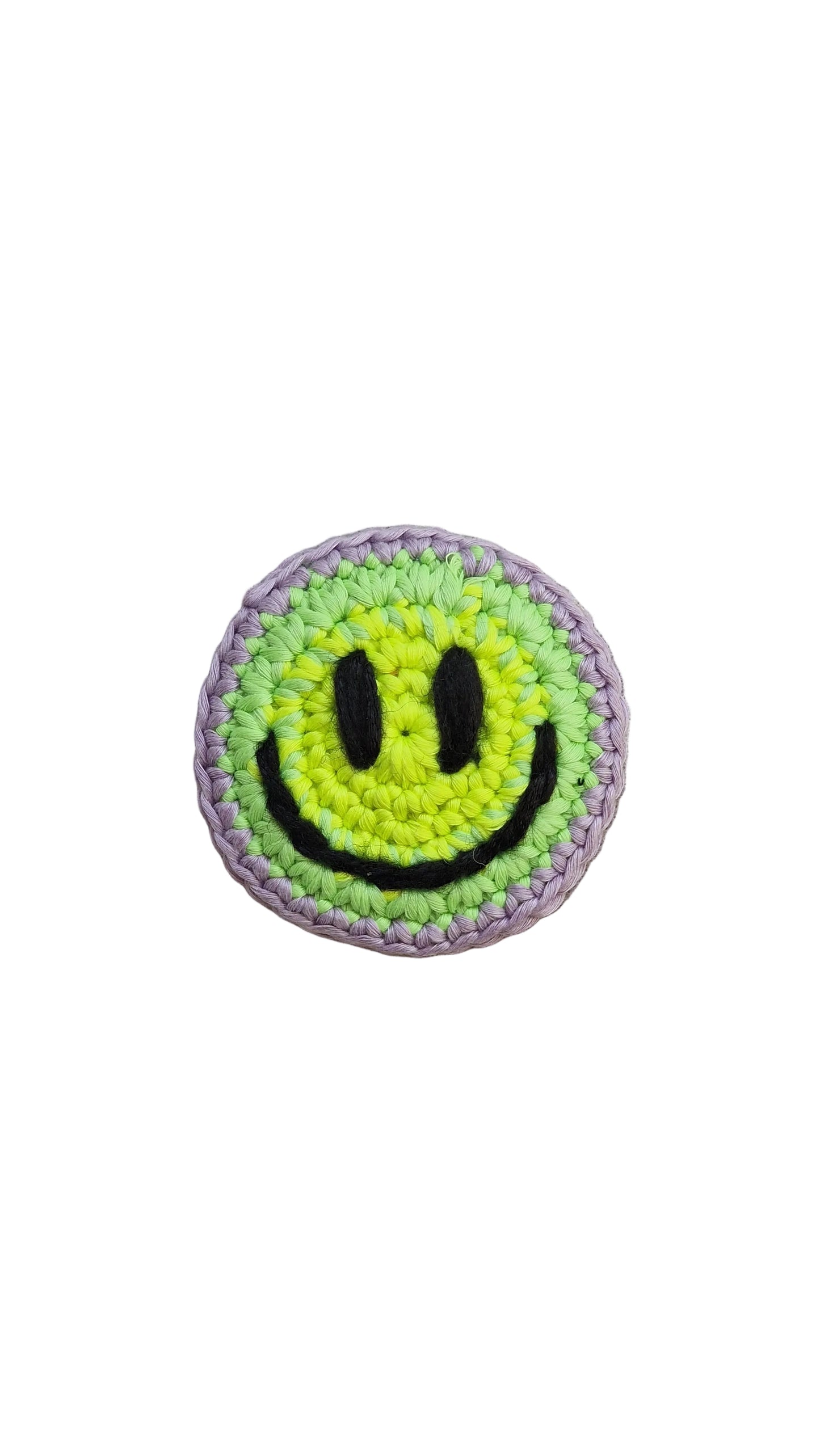 Hand-crochet acid house face badge rainbow burst multicolour 90s rave pin Free Range Smilies Qravers London