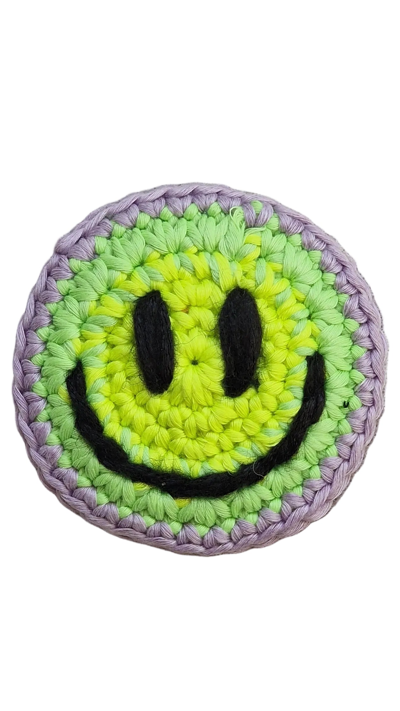 Hand-crochet acid house face badge rainbow burst multicolour 90s rave pin Free Range Smilies Qravers London