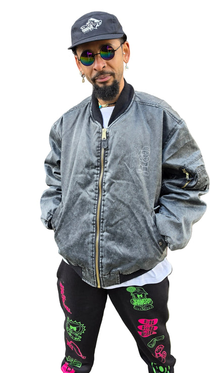 Qravers Man MA-1 Bomber Jacket Black Stone Wash