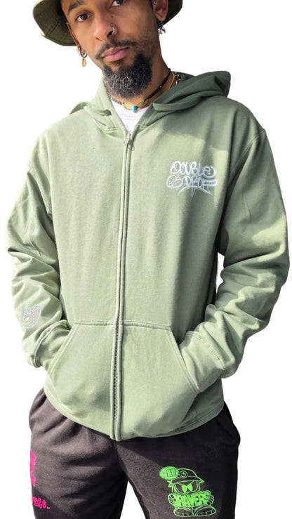 Double Drop Graff Front & Back Print Zip Hoody Green