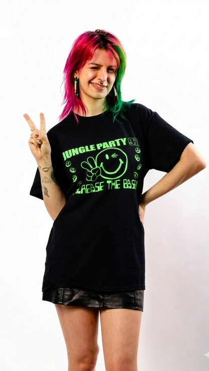 Model wearing black Jungle Party 92 t-shirt with green 90s jungle rave graphic front view
