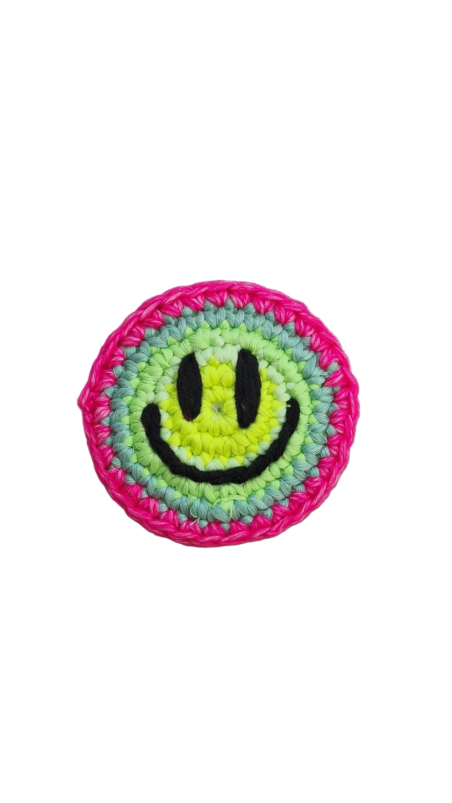 Hand-crochet acid house face badge rainbow burst multicolour 90s rave pin Free Range Smiles Qravers London