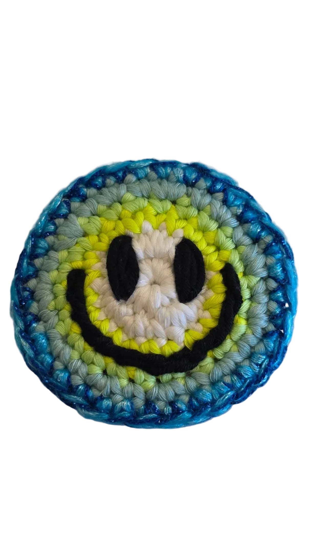 Hand-crochet acid house face badge electric blue 90s rave pin Free Range Smilies Qravers London
