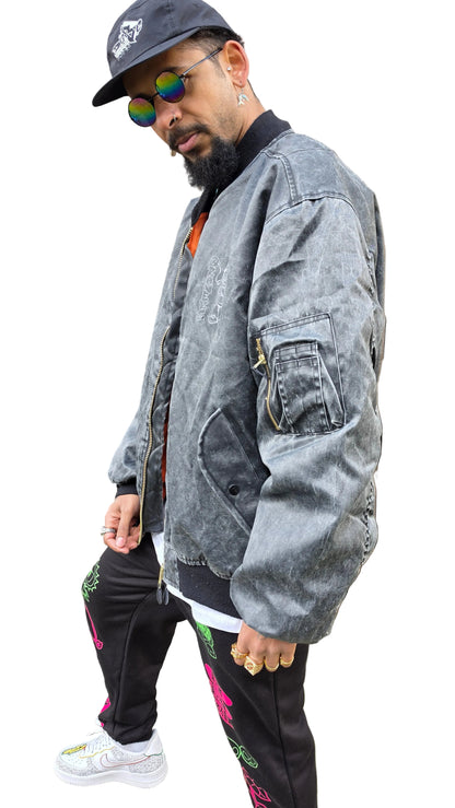 Qravers Man MA-1 Bomber Jacket Black Stone Wash bomber jacket side views 90s rave clothing London Qravers