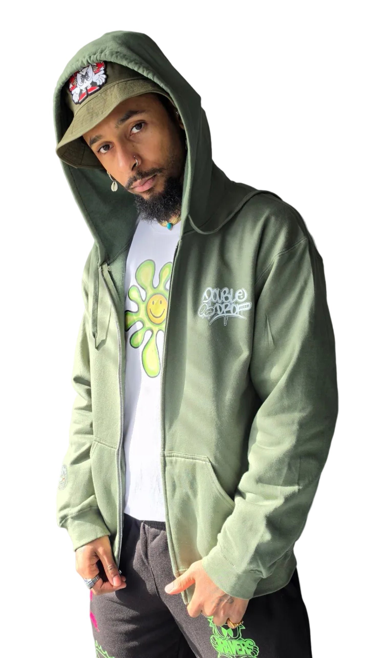 Double Drop Graff Hood Up Zip Hoody Green DnB Rave Clothing Qravers London