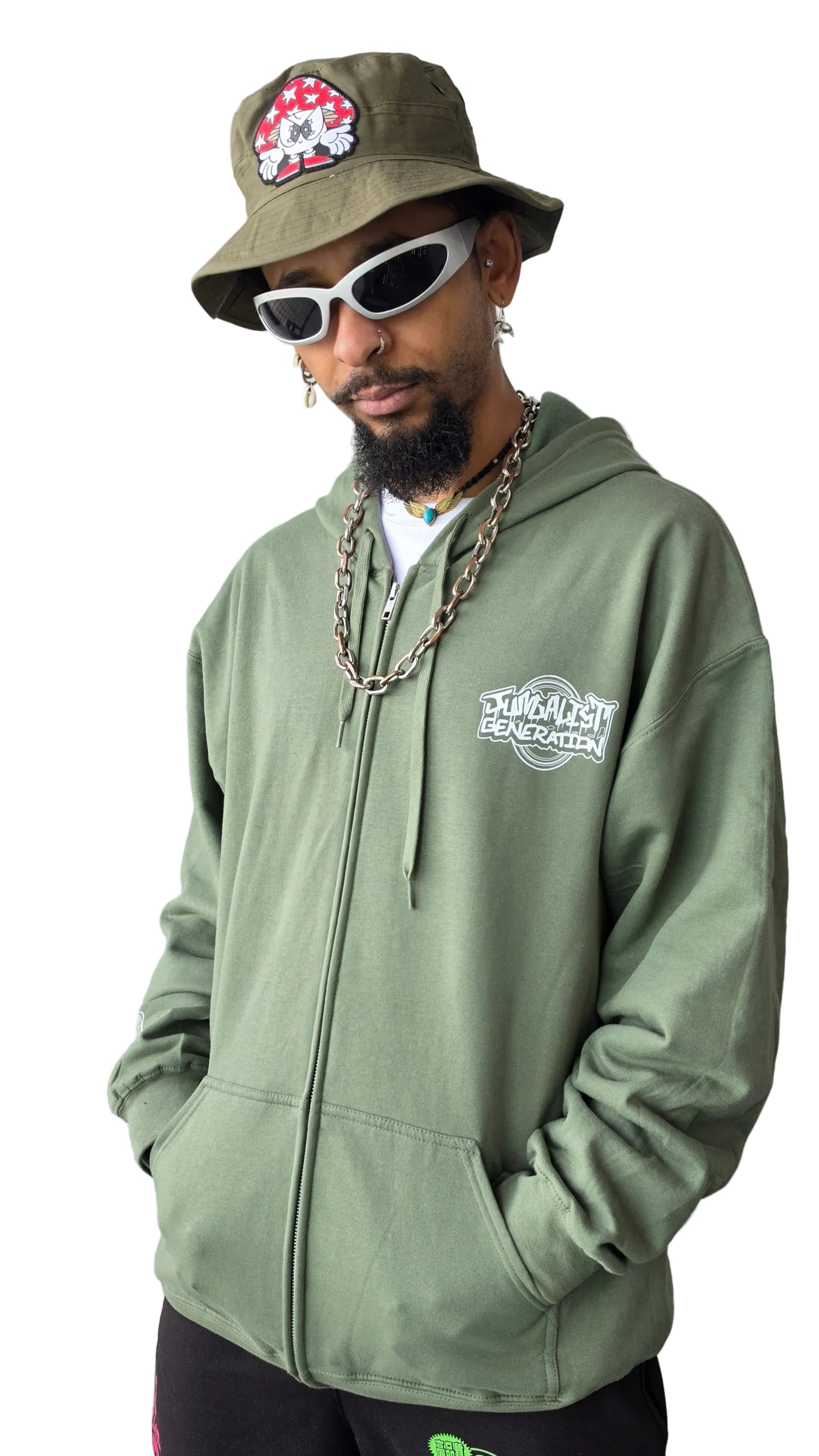 Junglist Generation Graff Front Print Zip Hoody Green Jungle Rave Clothing Qravers London